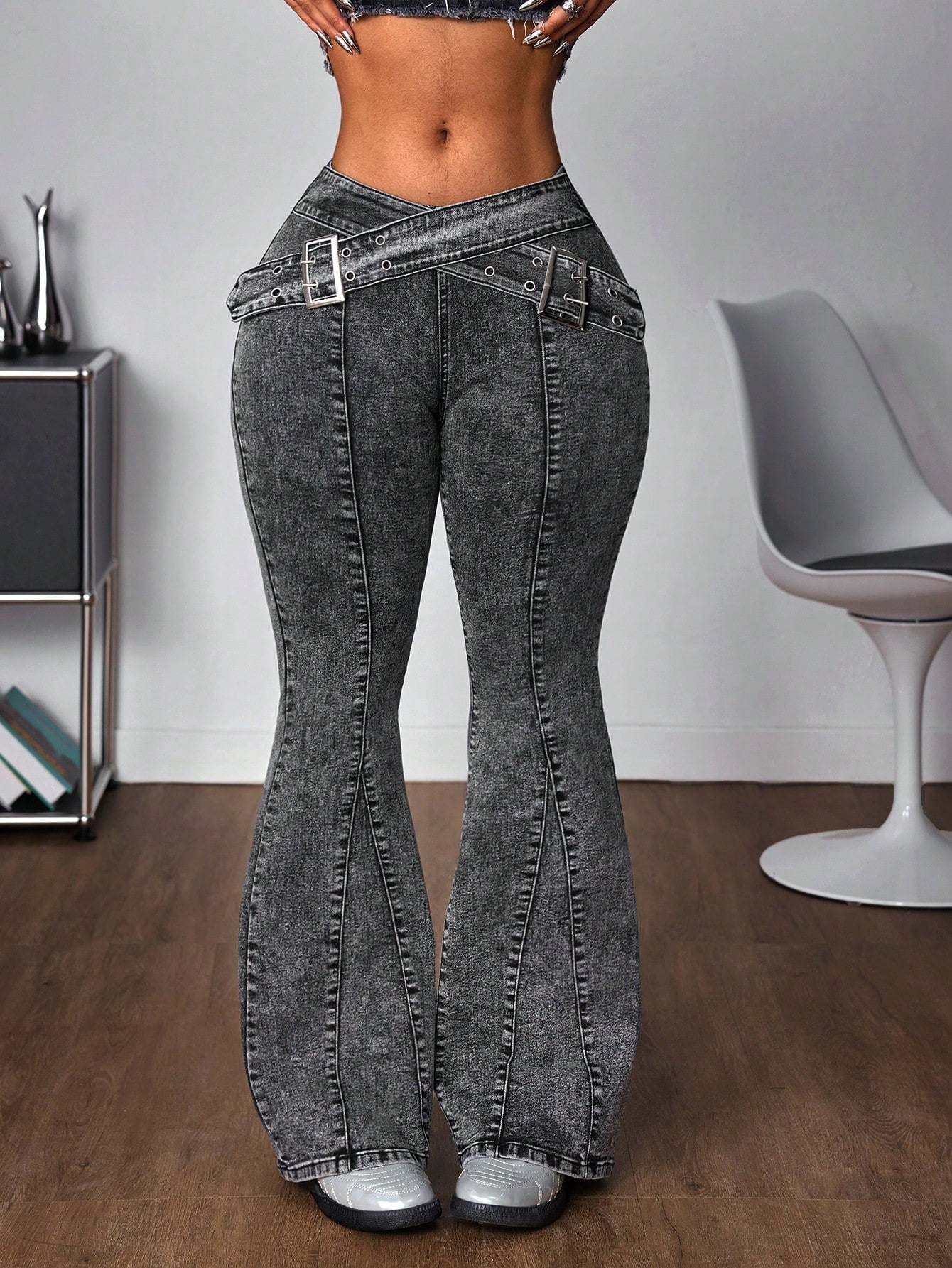 Women's Denim Flared Jeans With Eyelet & Criss-Cross Strap Details