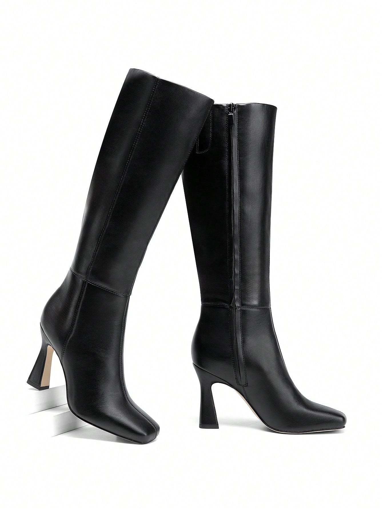 Women's Square Heel Knee-High Black Boots