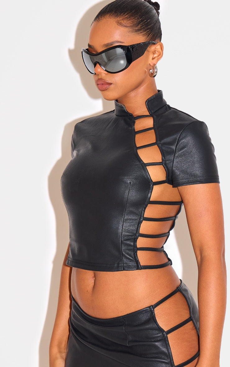 Black Faux Leather Side Open Detail High Neck Top