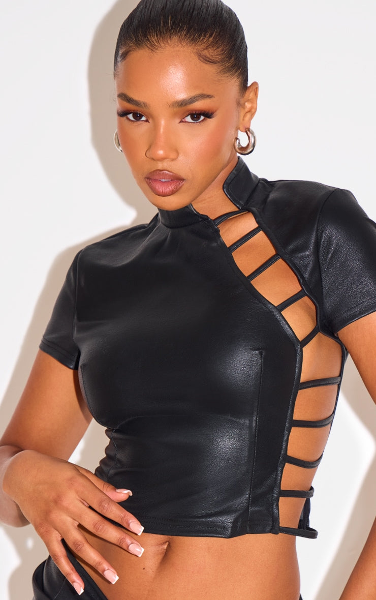 Black Faux Leather Side Open Detail High Neck Top