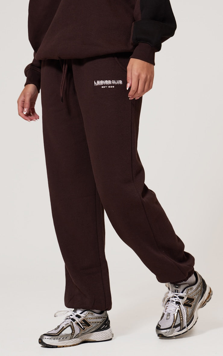 Dark Brown Print Embroidered Leisure Club Wide Leg Joggers