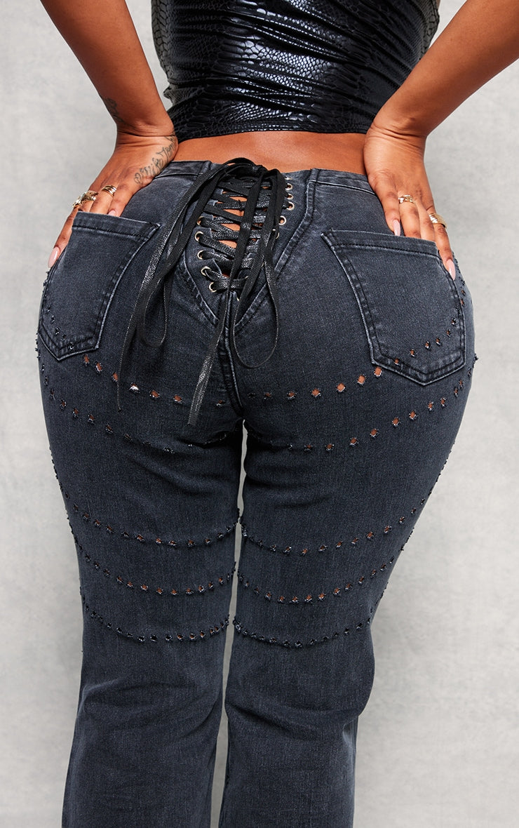 Shape Black Denim Lace Up Back Flare Jeans