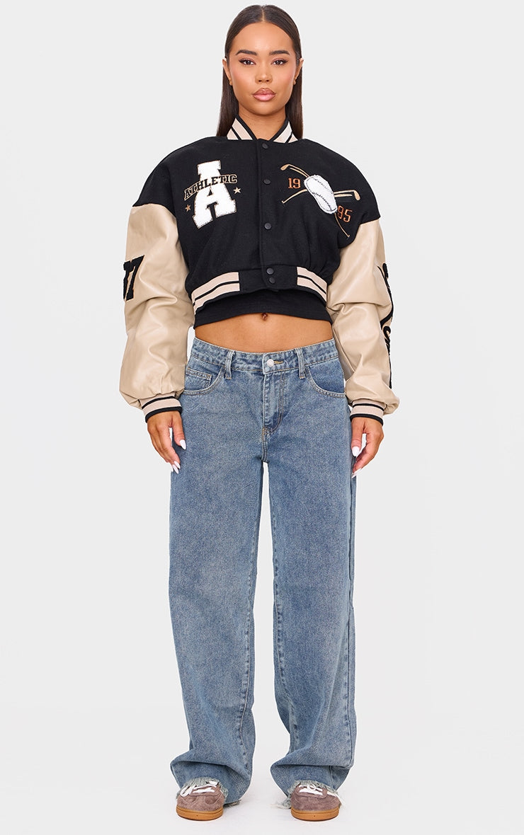 Oatmeal Wool Look Slogan Front Cropped Bomber Jacket