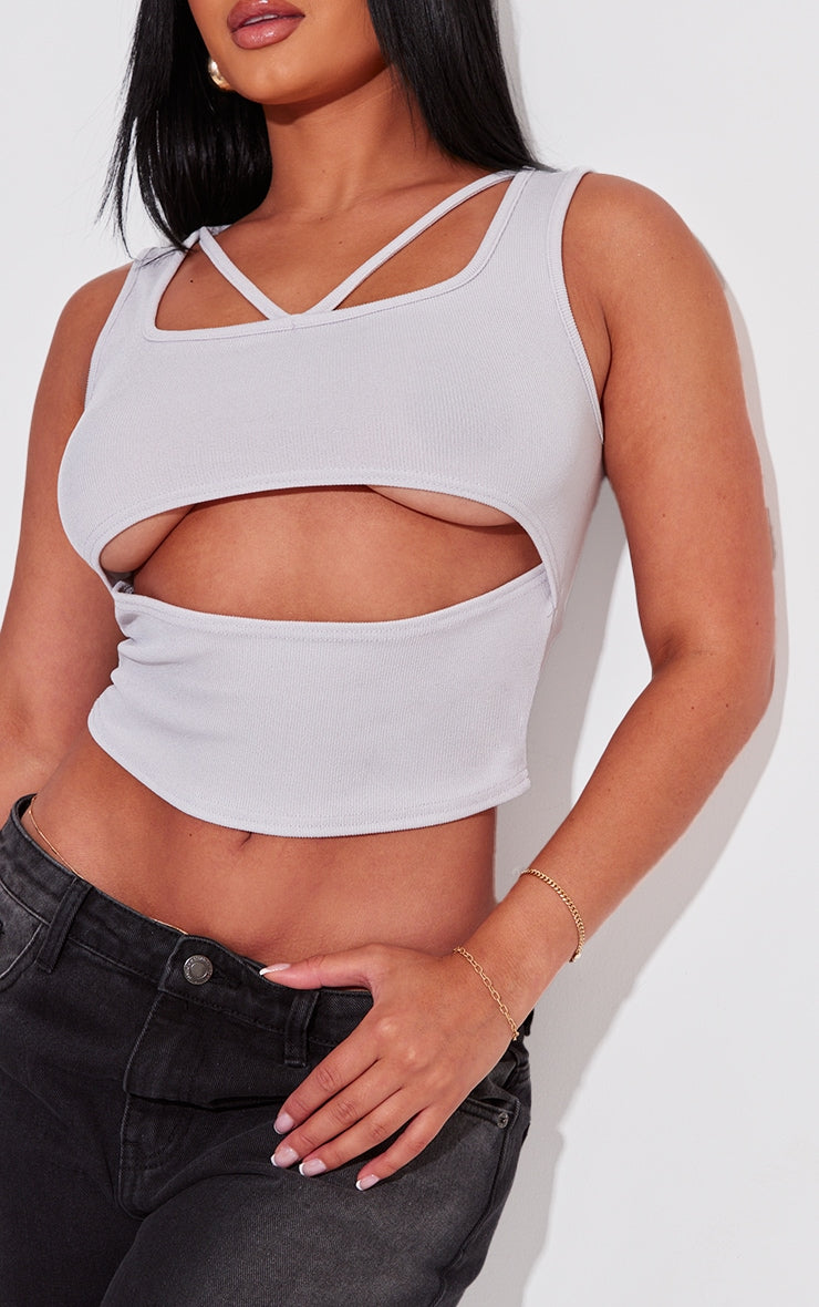 Shape Taupe Ribbed Strap Detail Cut Out Crop Top