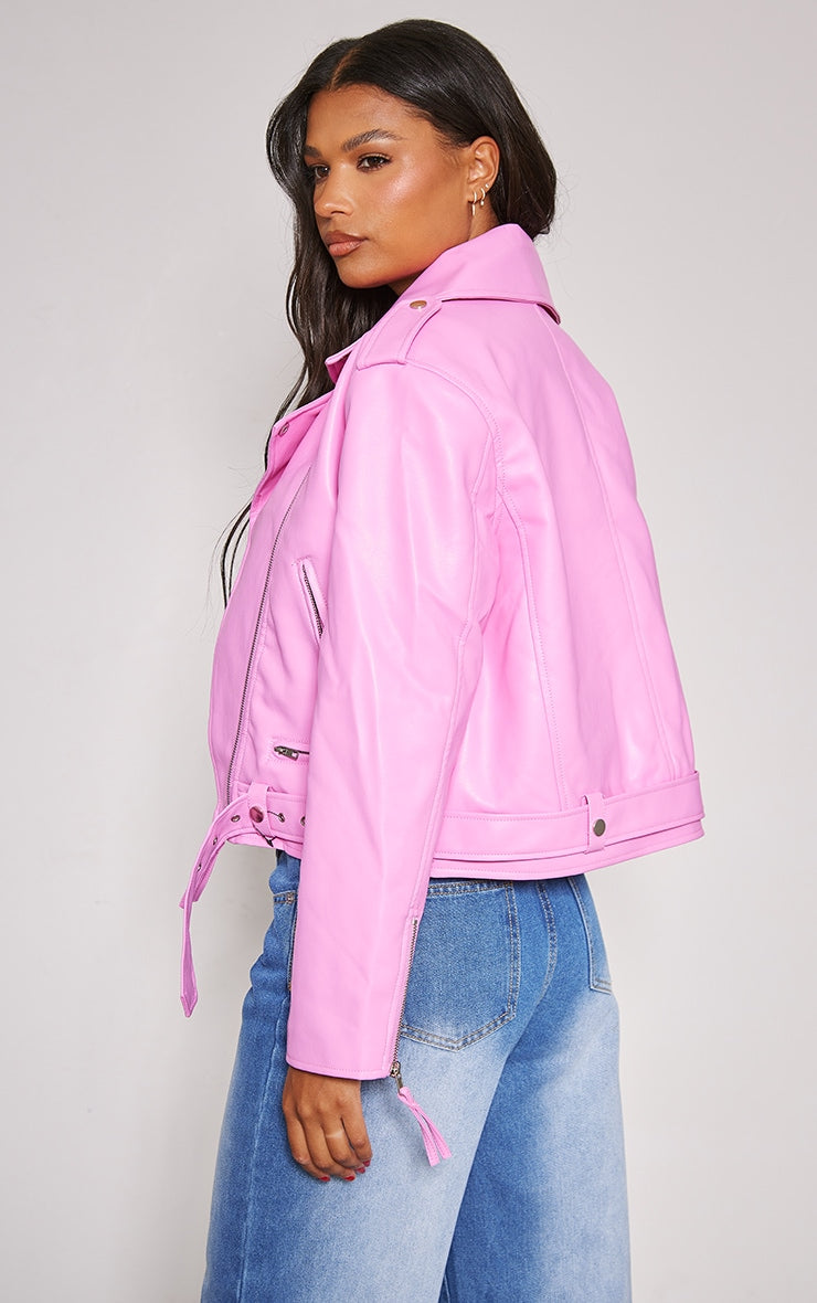 Pink Oversized Faux Leather Quilted Biker Jacket