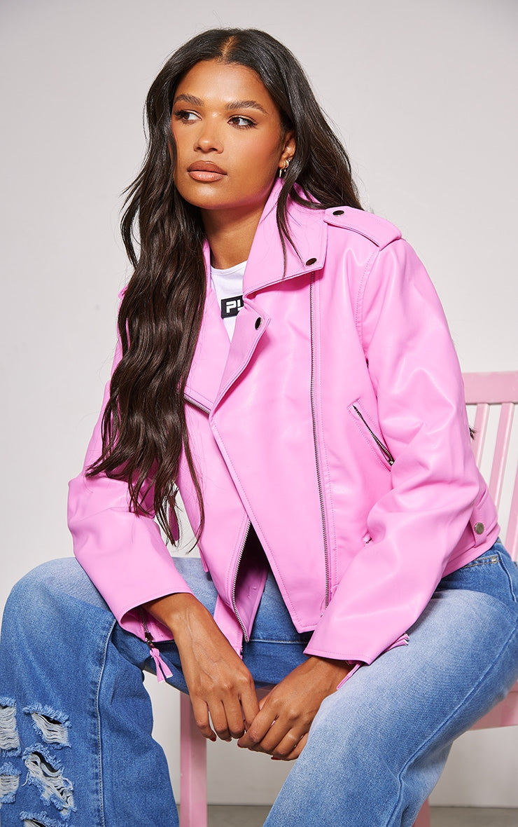 Pink Oversized Faux Leather Quilted Biker Jacket