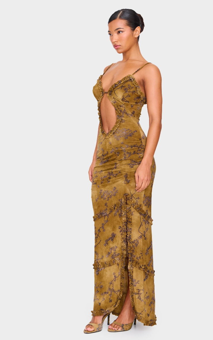 Green Floral Printed Devore Cut Out Cami Split Hem Maxi Dress