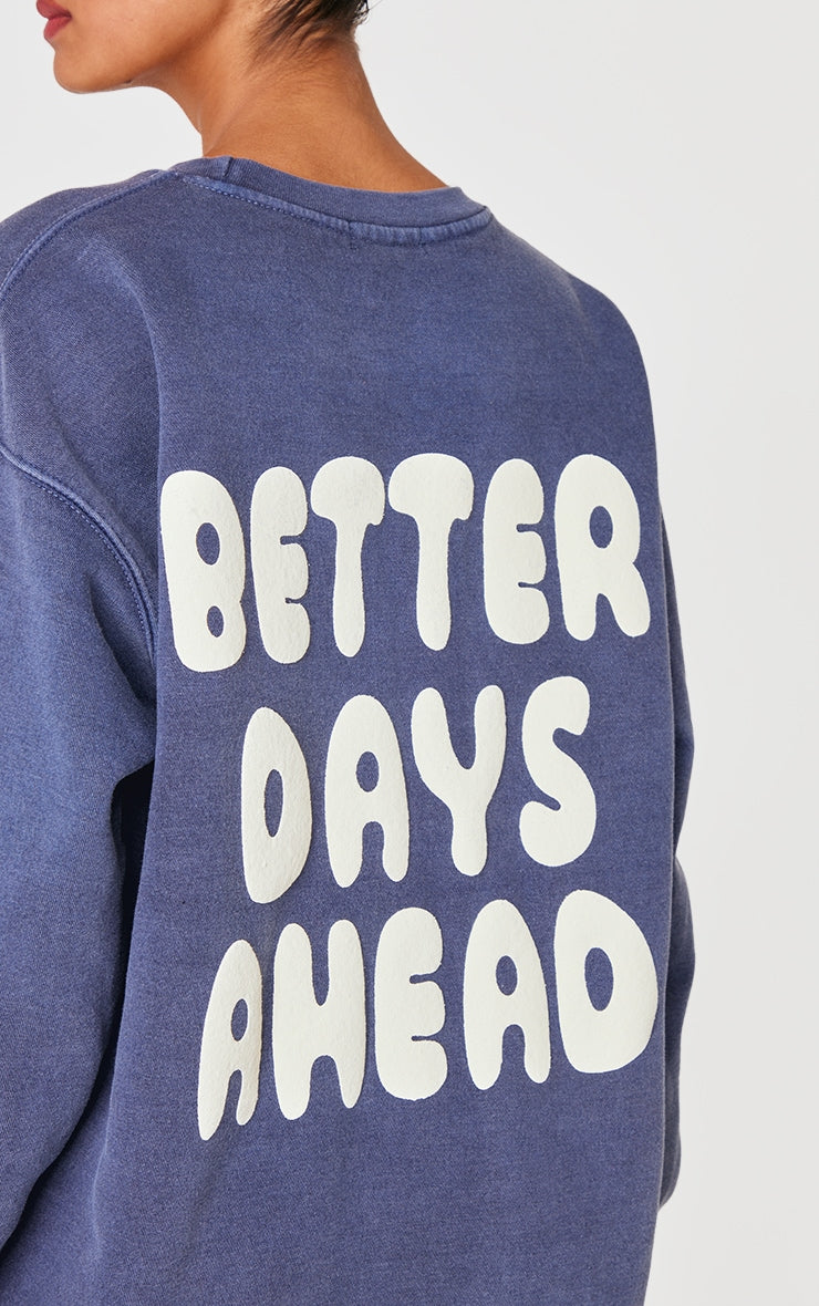 Navy Better Days Ahead Printed Washed Sweatshirt