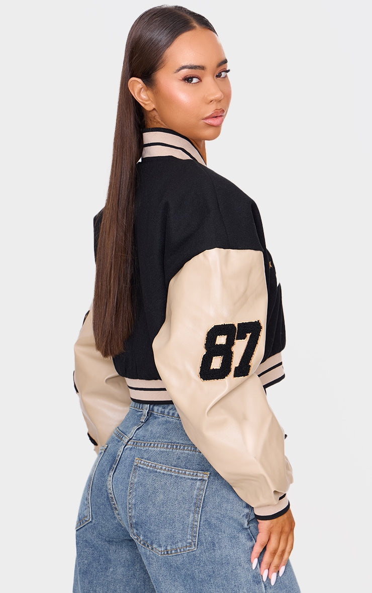 Oatmeal Wool Look Slogan Front Cropped Bomber Jacket