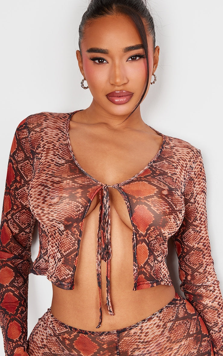 Shape Brown Mesh Snake Printed Tie Front Top