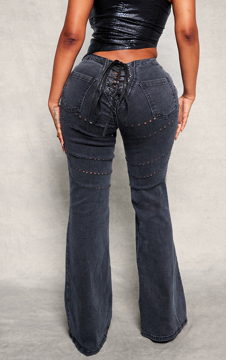 Shape Black Denim Lace Up Back Flare Jeans