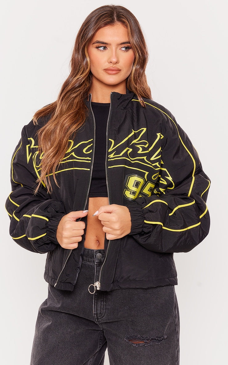 Black Contrast Oversized Slogan Zip Up Racer Bomber