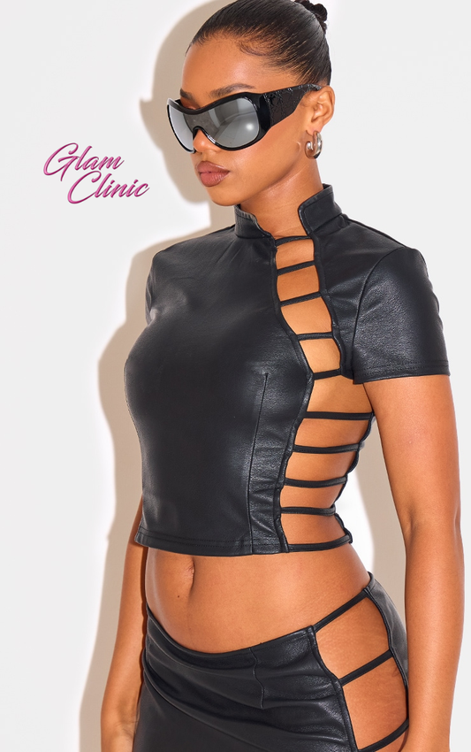 Black Faux Leather Side Open Detail High Neck Top