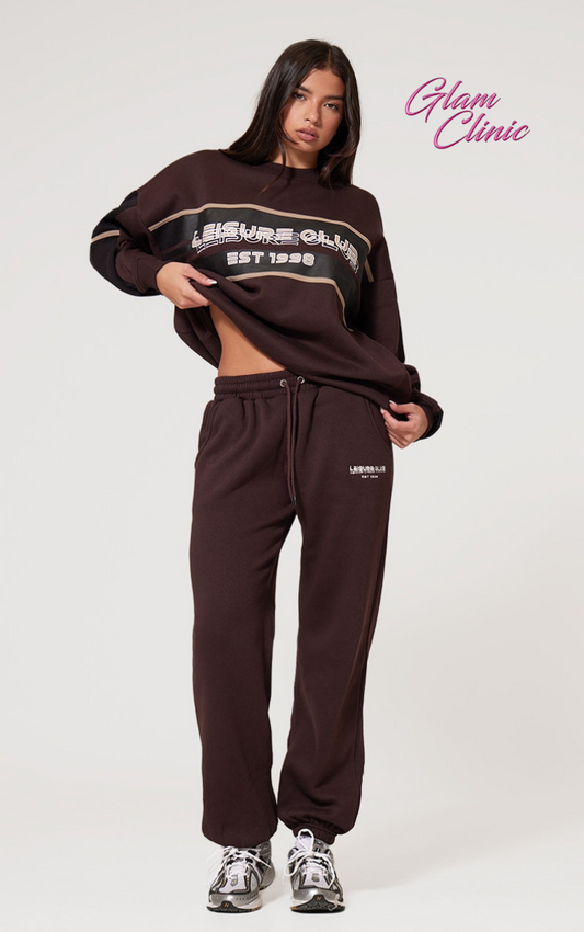 Dark Brown Print Embroidered Leisure Club Wide Leg Joggers