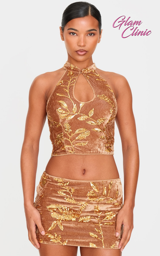 Golden Olive Velvet Floral Sequin Embellished Band Collar Crop Top