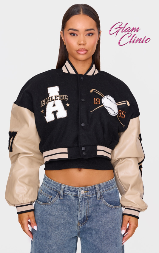 Oatmeal Wool Look Slogan Front Cropped Bomber Jacket