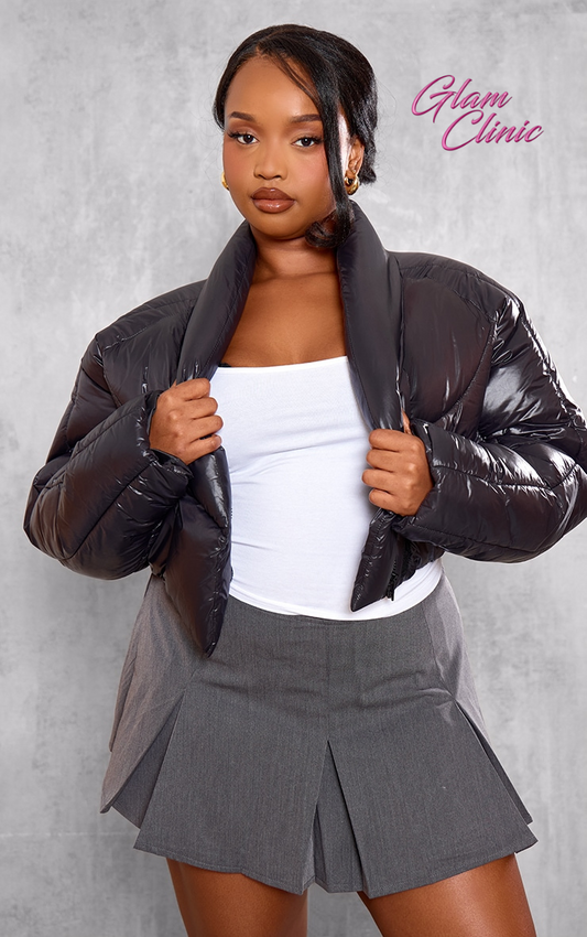 Plus Black Cropped Oversized Collar Detail Puffer Jacket