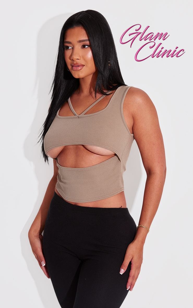 Shape Taupe Ribbed Strap Detail Cut Out Crop Top