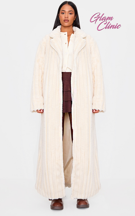 Tall Cream Faux Fur Rib Detail Maxi Coat