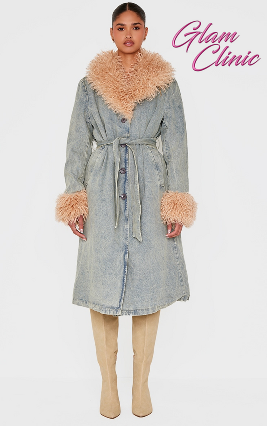 Vintage Faux Fur Trim Belted Trench Coat