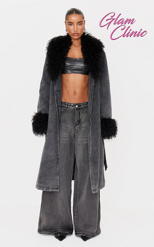 Washed Grey Faux Fur Trim Belted Trench Coat