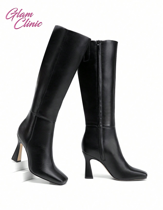 Women's Square Heel Knee-High Black Boots