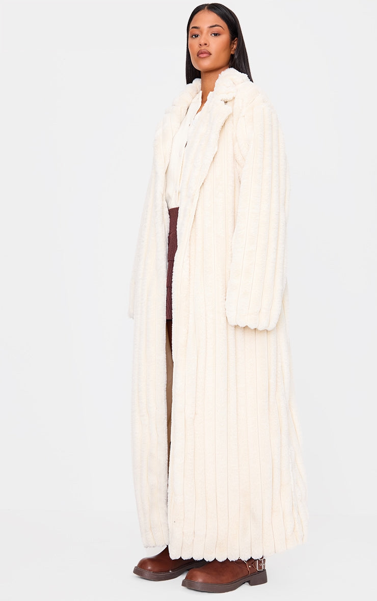 Tall Cream Faux Fur Rib Detail Maxi Coat