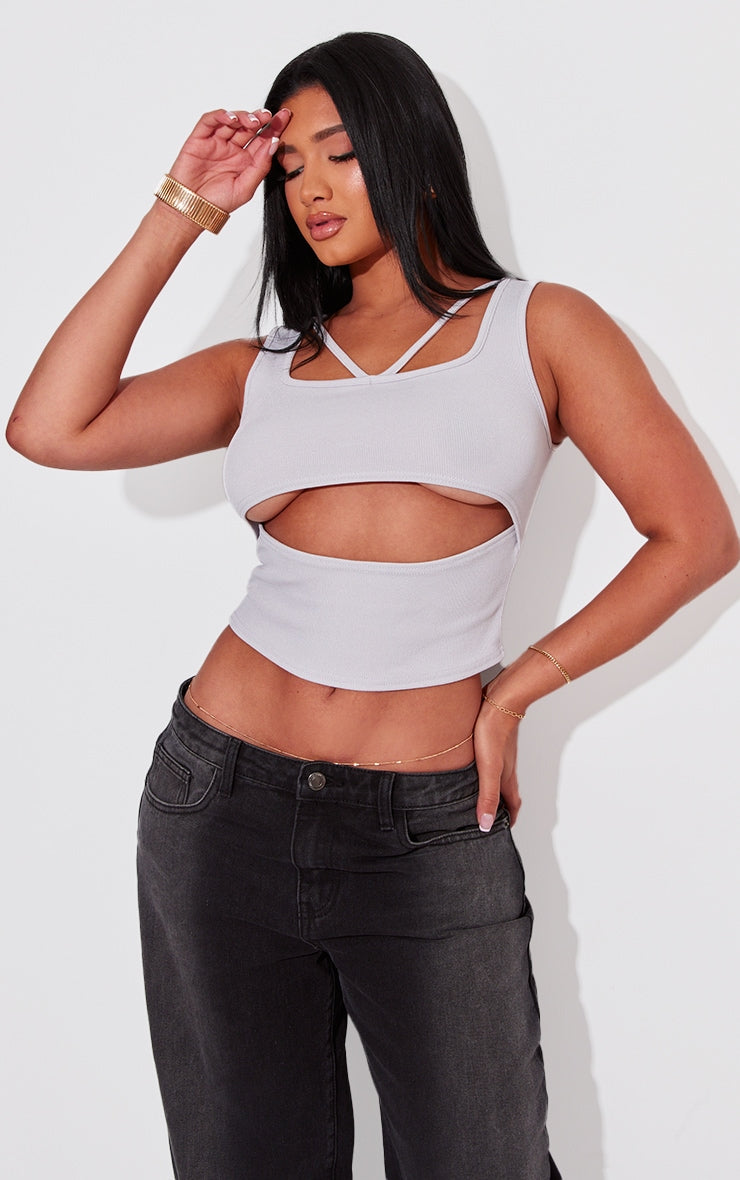 Shape Taupe Ribbed Strap Detail Cut Out Crop Top