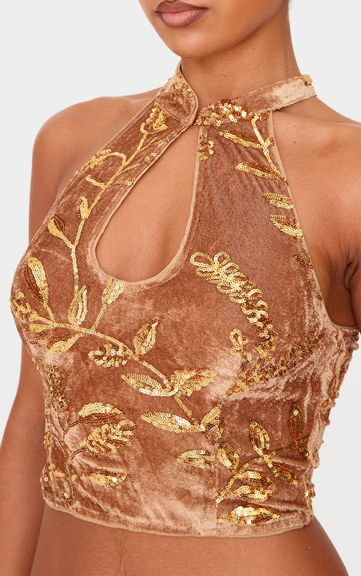 Golden Olive Velvet Floral Sequin Embellished Band Collar Crop Top