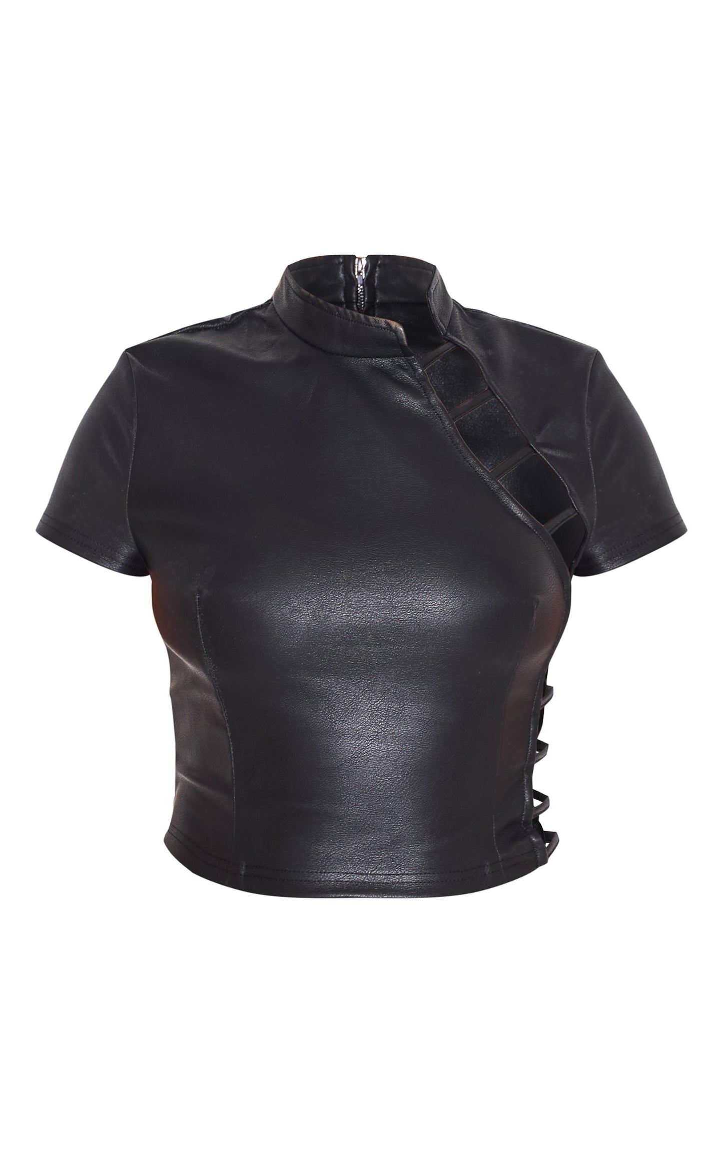 Black Faux Leather Side Open Detail High Neck Top