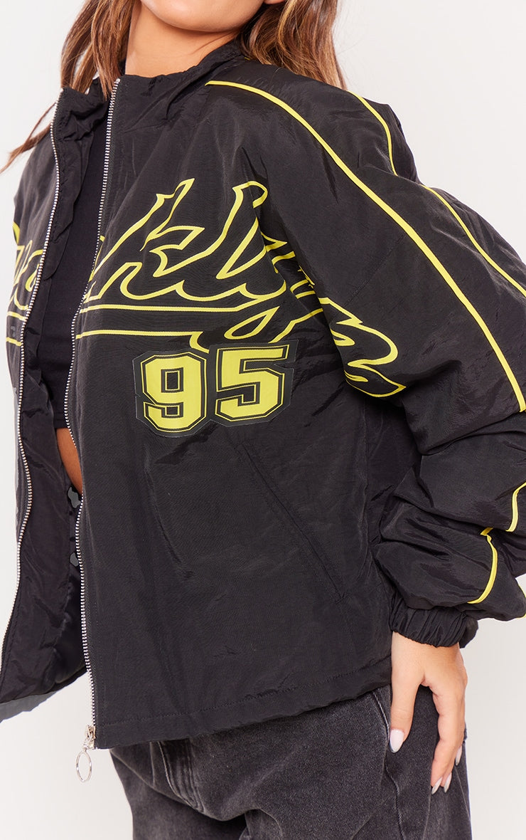 Black Contrast Oversized Slogan Zip Up Racer Bomber