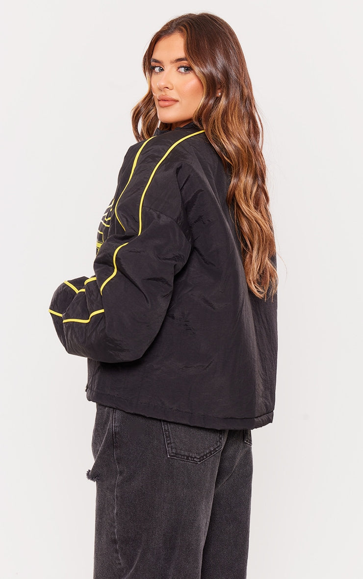 Black Contrast Oversized Slogan Zip Up Racer Bomber