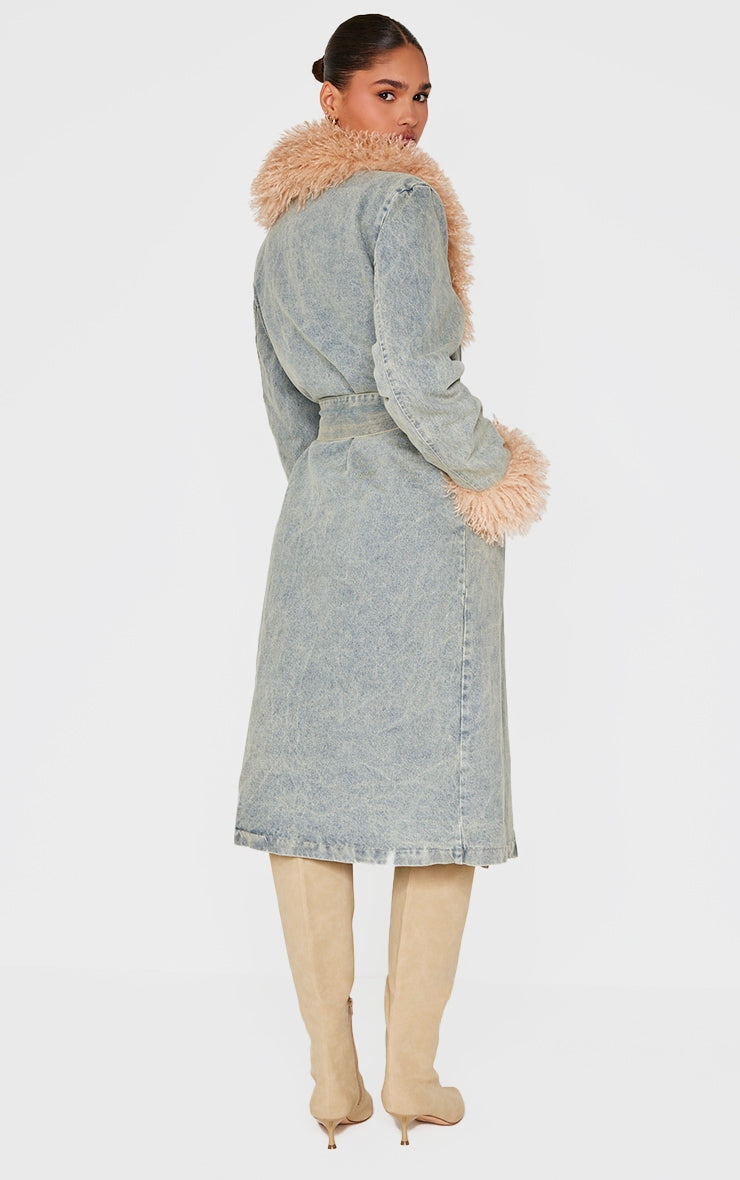 Vintage Faux Fur Trim Belted Trench Coat