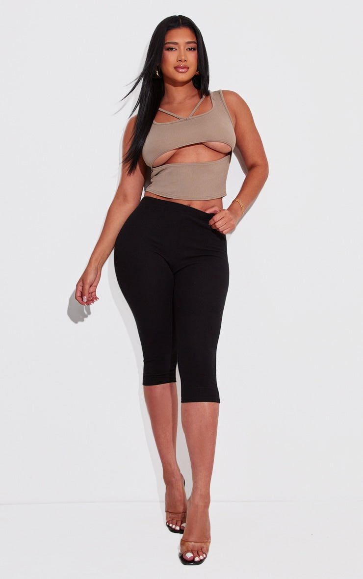 Shape Taupe Ribbed Strap Detail Cut Out Crop Top